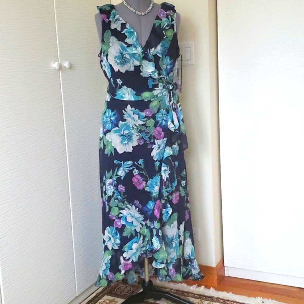 London Times Multicolor Floral Ruffle Dress Size 14 NWT
